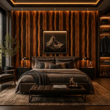 Full panel of walnut flow wood wallpaper across an interior feature wall.