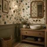 Spa like bathroom vanity featuring watercolor eucalyptus wallpaper for a calming touch