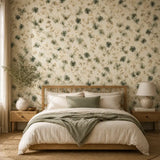 Tranquil bedroom with watercolor eucalyptus wallpaper as a soft green backdrop