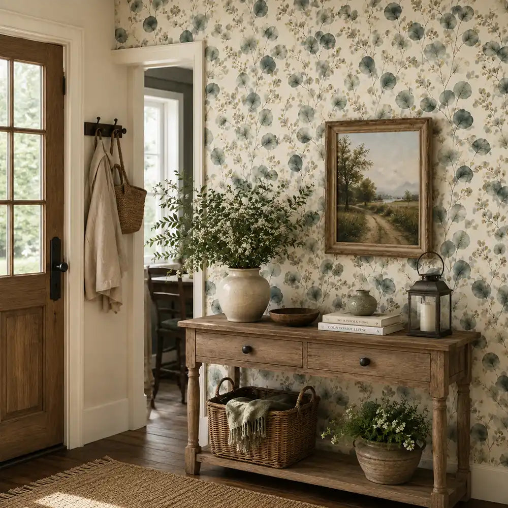 Entryway console table near front door framed by watercolor eucalyptus wallpaper