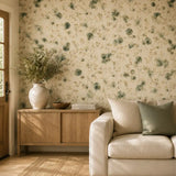 Fresh living room showcasing watercolor eucalyptus wallpaper for a botanical feel