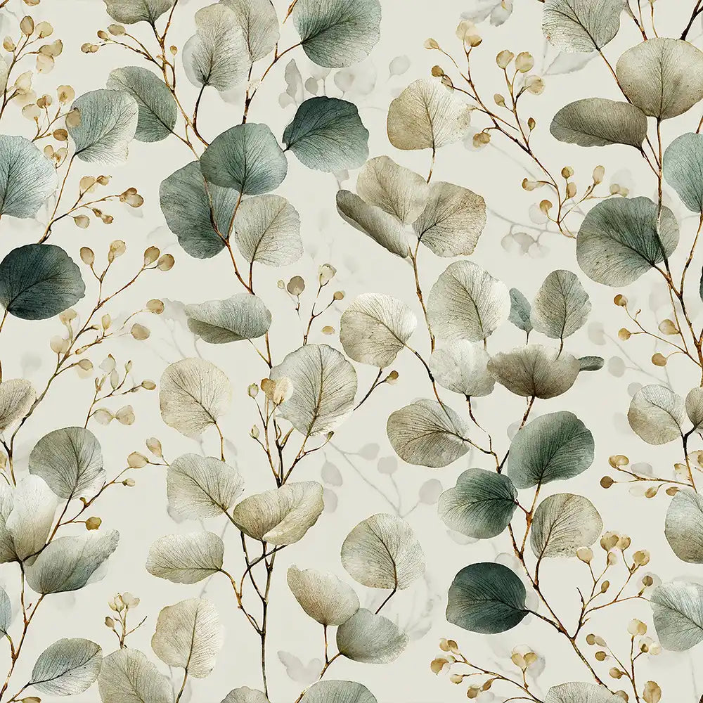 Closeup of watercolor eucalyptus wallpaper pattern with soft painterly green leaves