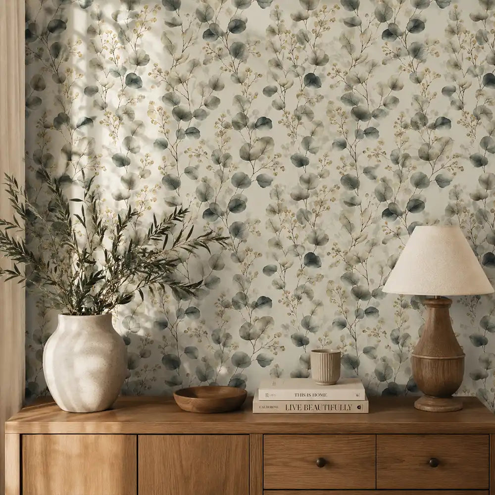 Watercolor eucalyptus wallpaper styled behind a sideboard with lamp and vase