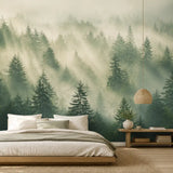 Forest mural close-up with frost-covered pine branches and morning light detail