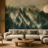 Pine forest wall mural living room installation, tall evergreen panorama view
