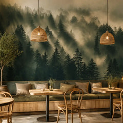 Whispering pines forest mural close-up showing layered pine tree silhouettes