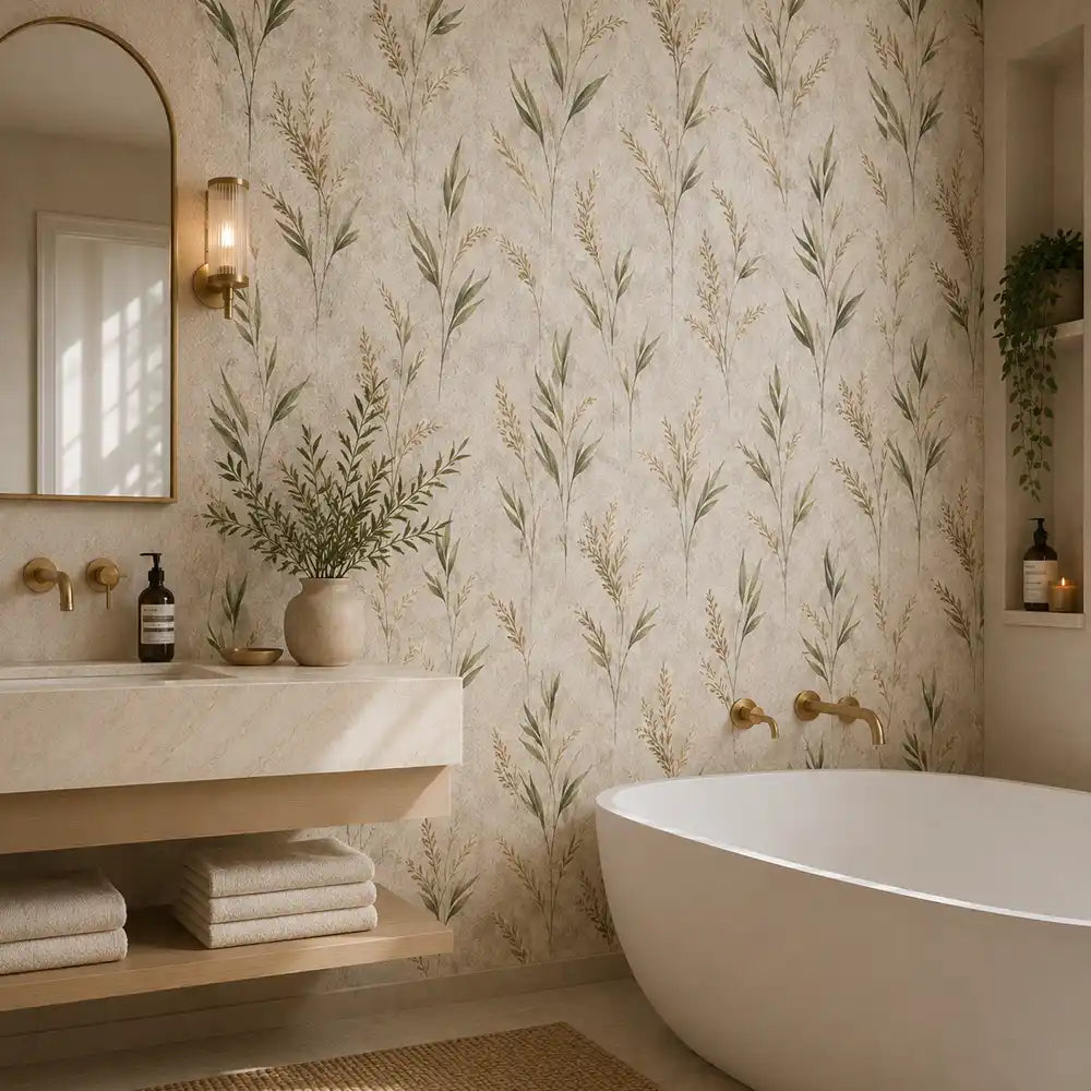 Refreshing bathroom wall featuring wild meadow leaves wallpaper for a natural touch