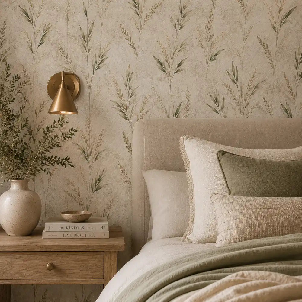 Restful bedroom with wild meadow leaves wallpaper creating a green natural backdrop