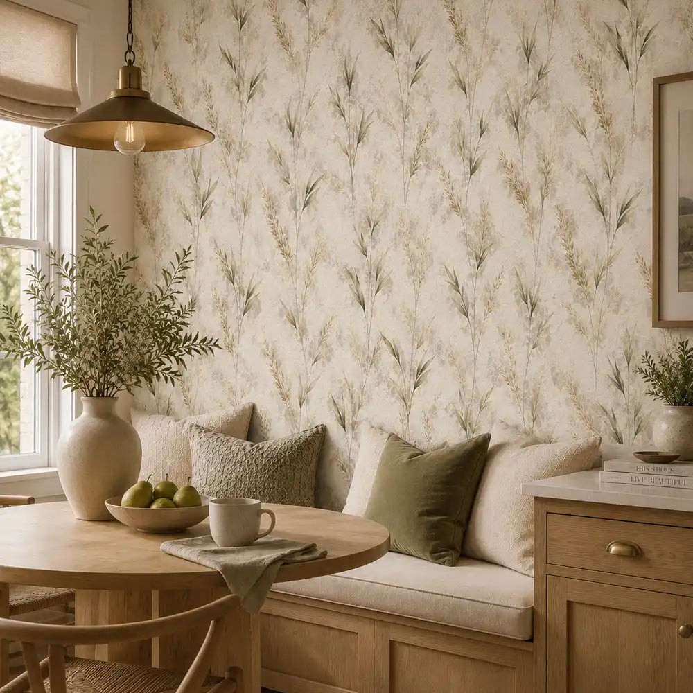 Cozy breakfast nook with a bench seat framed by wild meadow leaves wallpaper