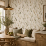 Cozy breakfast nook with a bench seat framed by wild meadow leaves wallpaper