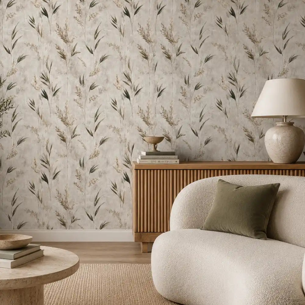 Airy living room showcasing wild meadow leaves wallpaper for a lush garden feel