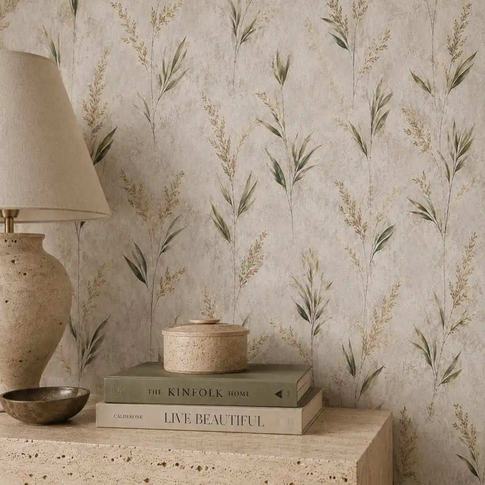 Wild meadow leaves wallpaper styled behind a table with lamp and books
