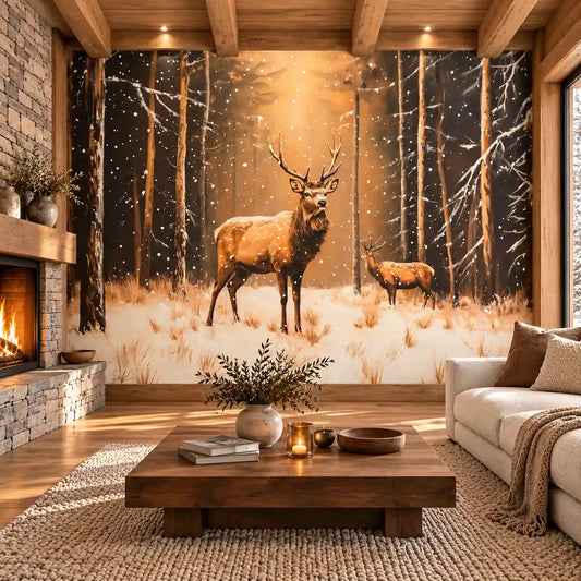 Winter forest deer wall mural with a stag in snowy woods in a fireplace living room