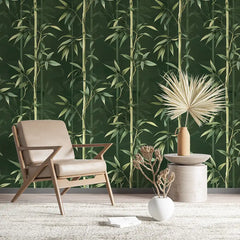 Bamboo forest peel-and-stick wallpaper full bedroom installation, tranquil green wall