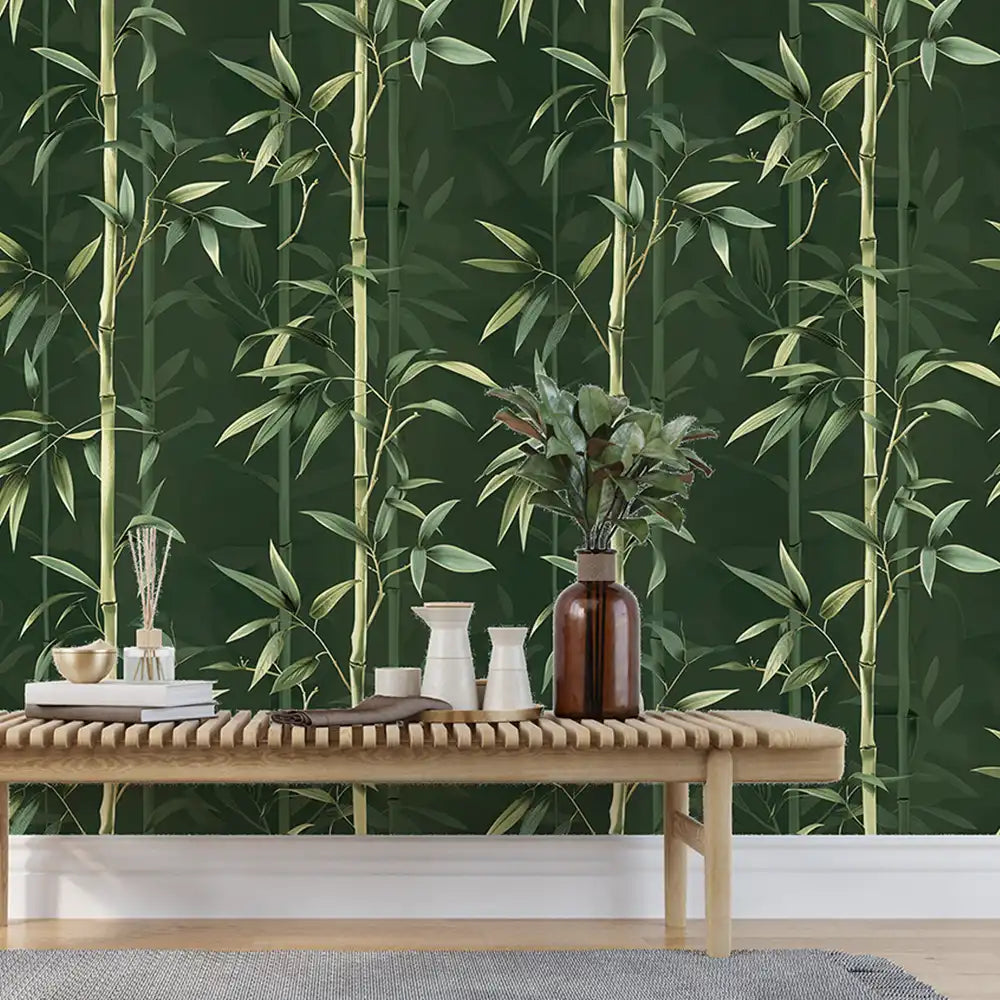 Minimal bamboo removable wallpaper in home office, Asian-inspired zen botanical wall