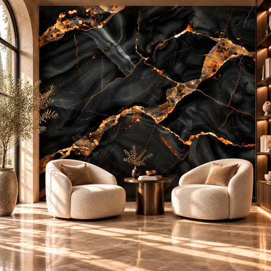 Obsidian Gold Marble Wallpaper – Dark Luxury Peel-and-Stick Bedroom Accent Design