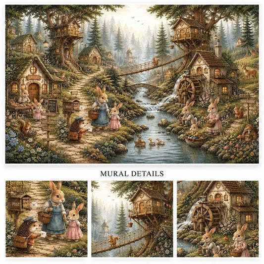 Woodland Bunny Village Mural