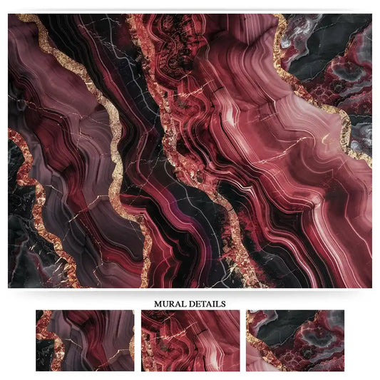 Burgundy Noir Agate Wall Mural – Dark Luxury Peel-and-Stick Bedroom Accent Design