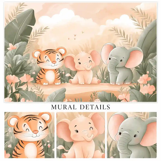 Cute Safari Animals Nursery Wall Mural – Peel-and-Stick Large Kids Room Design