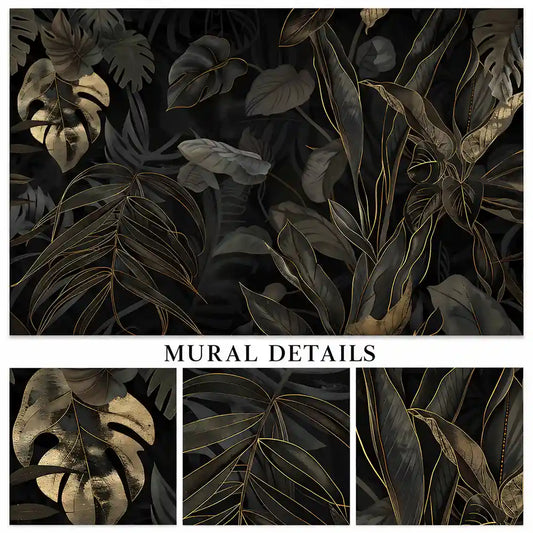 Black and Gold Tropical Leaves Wallpaper – Luxury Peel-and-Stick Bedroom Design