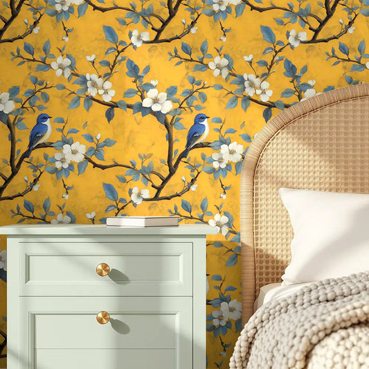 Bluebird Blossom – Mustard Wallpaper