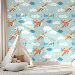 Dream Planes Nursery Wallpaper – Sky Blue Vintage Airplane Peel-and-Stick Design
