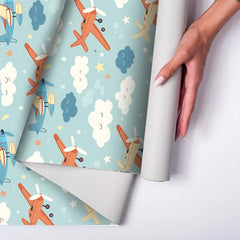 Dream Planes Nursery Wallpaper – Sky Blue Vintage Airplane Peel-and-Stick Design
