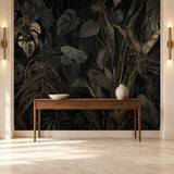 Black and Gold Tropical Leaves Wallpaper – Luxury Peel-and-Stick Bedroom Design
