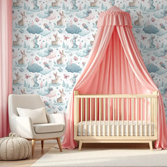 Dream Bunnies Nursery Wallpaper – Pastel Teal Peel-and-Stick Removable Design