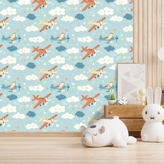 Dream Planes Nursery Wallpaper – Sky Blue Vintage Airplane Peel-and-Stick Design