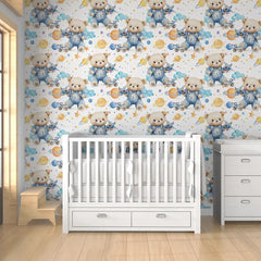 Space Bear Kids Nursery Wallpaper – Denim Blue Boys Room Peel-and-Stick Design