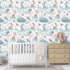 Dream Bunnies Nursery Wallpaper – Pastel Teal Peel-and-Stick Removable Design