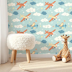 Dream Planes Nursery Wallpaper – Sky Blue Vintage Airplane Peel-and-Stick Design