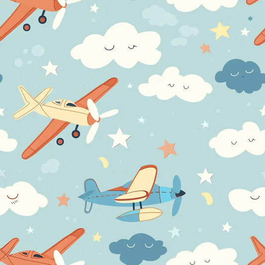 Dream Planes Nursery Wallpaper – Sky Blue Vintage Airplane Peel-and-Stick Design