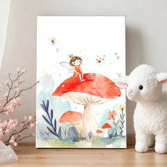 Fairy on Mushroom Nursery Canvas Art – Whimsical Kids Room Wall Decor