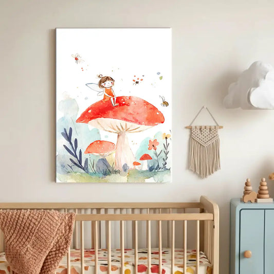 Fairy on Mushroom Nursery Canvas Art – Whimsical Kids Room Wall Decor