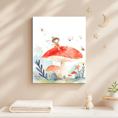 Fairy on Mushroom Nursery Canvas Art – Whimsical Kids Room Wall Decor