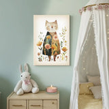 Floral Cat Nursery Canvas Art – Botanical Kids Room Wall Decor