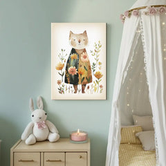 Floral Cat Nursery Canvas Art – Botanical Kids Room Wall Decor