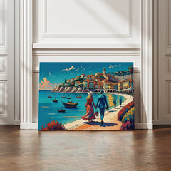 Romantic Coastal Stroll Canvas Art – Impressionist Bedroom Living Room Wall Decor