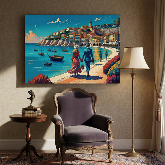 Romantic Coastal Stroll Canvas Art – Impressionist Bedroom Living Room Wall Decor
