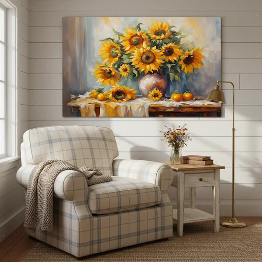 Golden Sunflower Still Life Canvas Art – Botanical Bedroom Living Room Wall Decor