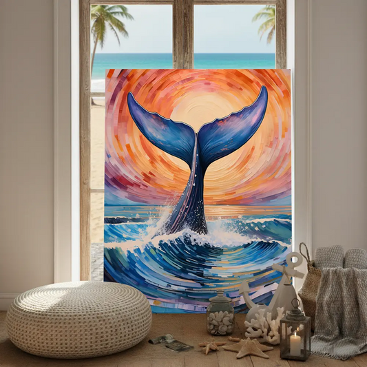 Ocean Sunrise Whale Tail Canvas Art – Coastal Bedroom Living Room Wall Decor