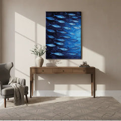 Deep Blue Swirl Ocean Fish Canvas Art – Coastal Bedroom Living Room Wall Decor