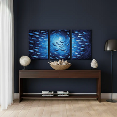 Deep Blue Swirl Ocean Fish Canvas Art – Coastal Bedroom Living Room Wall Decor