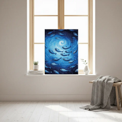 Deep Blue Swirl Ocean Fish Canvas Art – Coastal Bedroom Living Room Wall Decor