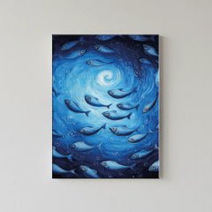Deep Blue Swirl Ocean Fish Canvas Art – Coastal Bedroom Living Room Wall Decor