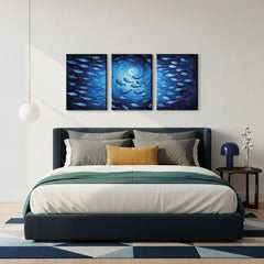 Deep Blue Swirl Ocean Fish Canvas Art – Coastal Bedroom Living Room Wall Decor