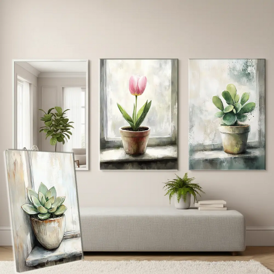 Vintage Cactus Floral Canvas Art – Botanical Bedroom Living Room Wall Decor