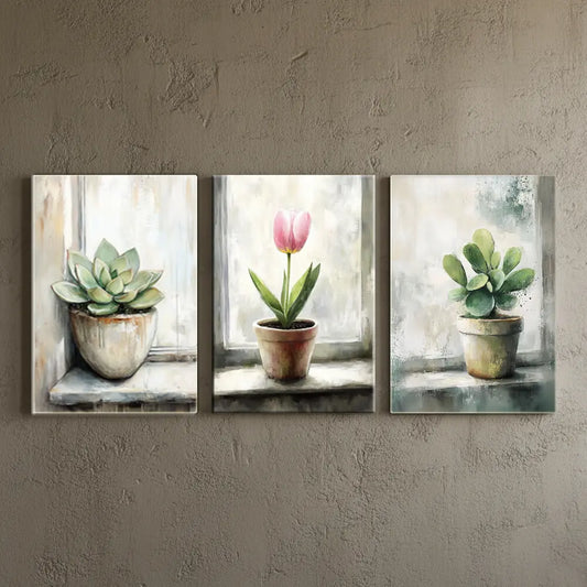 Vintage Cactus Floral Canvas Art – Botanical Bedroom Living Room Wall Decor